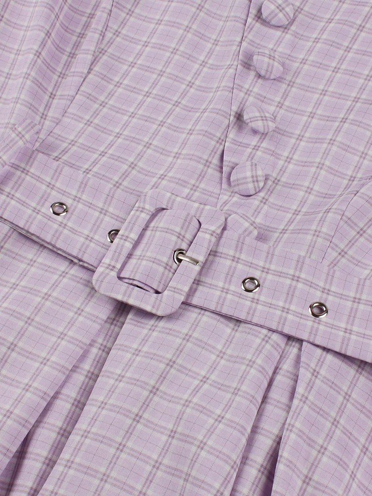 Lila 1950er Kariert Quadratischer Hals Knopf Swing Kleid