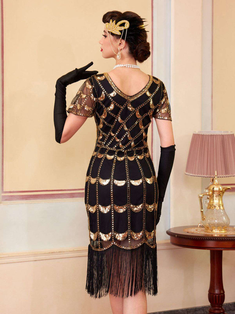 1920er Pailletten Perlen Fransen Flapper Kleid