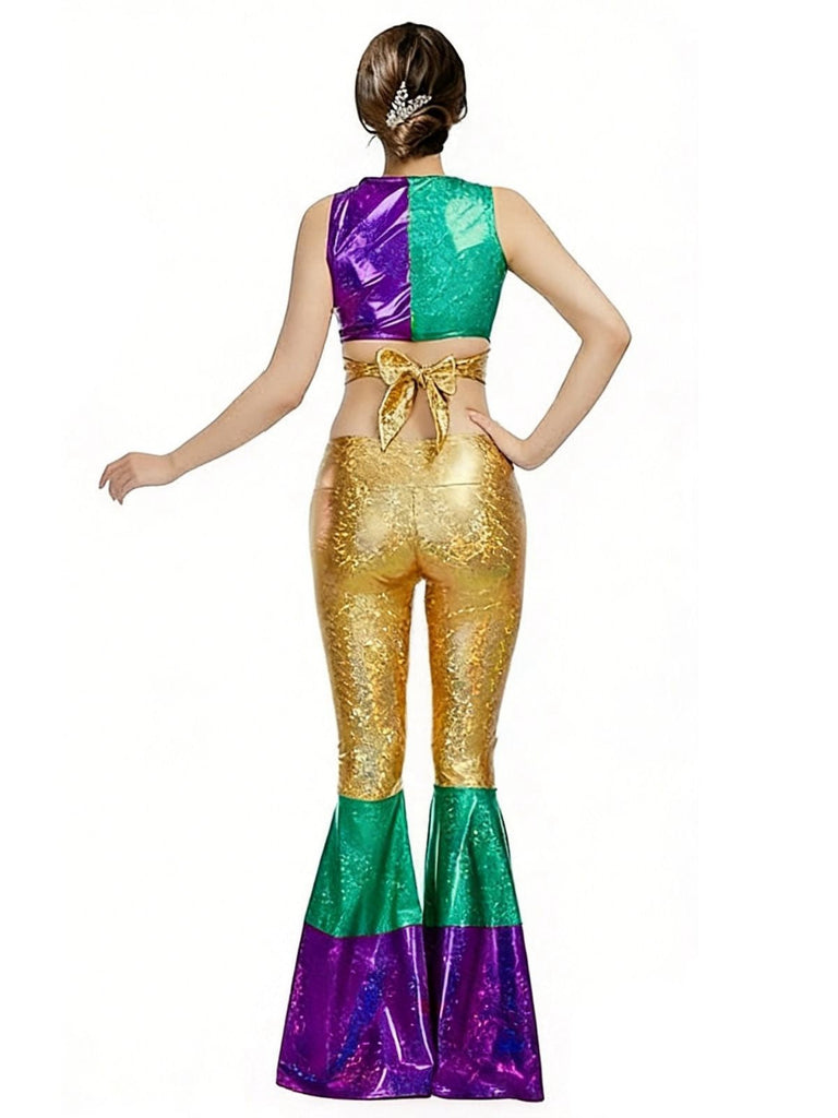 2PCS Multicolor 1970er Metallic Kurz Top & Schlag Hose