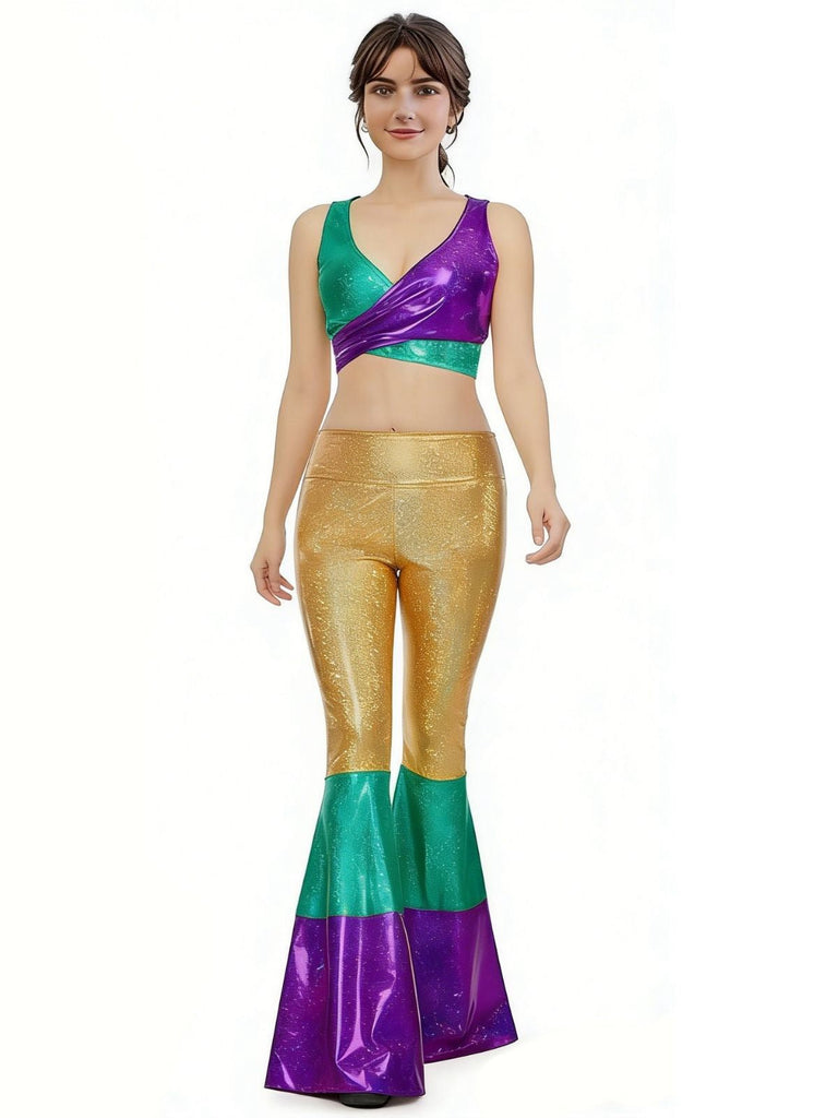 2PCS Multicolor 1970er Metallic Kurz Top & Schlag Hose