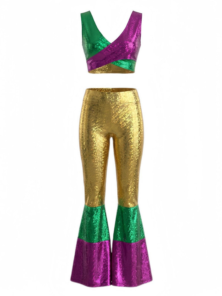 2PCS Multicolor 1970er Metallic Kurz Top & Schlag Hose