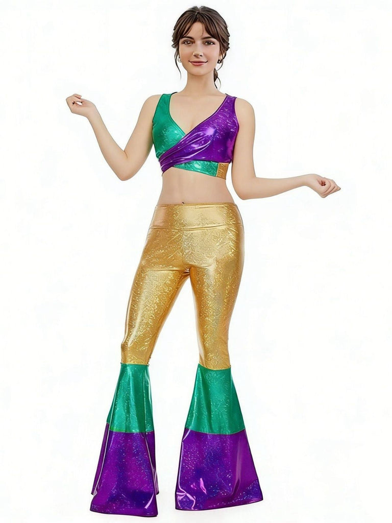 2PCS Multicolor 1970er Metallic Kurz Top & Schlag Hose