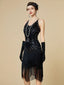 Schwarz 1920er Pailletten Fransen Spaghetti Träger Flapper Kleid