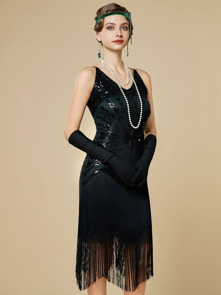 Dunkelgrün 1920er Pailletten Fransen Spaghetti Träger Flapper Kleid