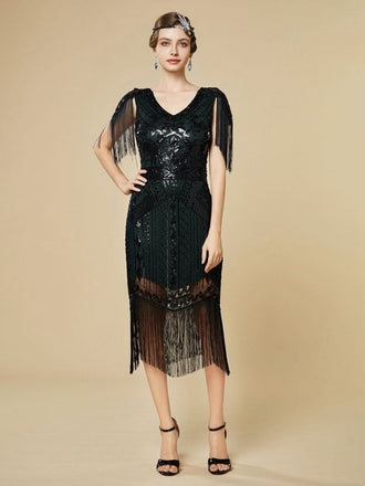 Dunkelgrün 1920er Pailletten Fransen Flapper V-Ausschnitt Kleid