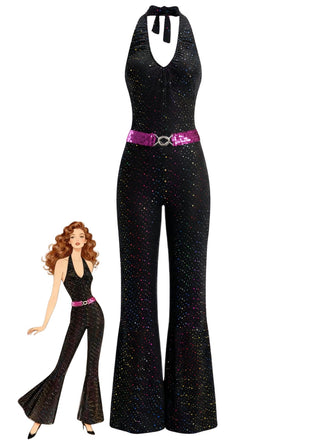 Schwarz 1970er Disco Pailletten Halter Ausgestellt Jumpsuit