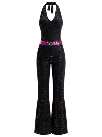 Schwarz 1970er Disco Pailletten Halter Ausgestellt Jumpsuit
