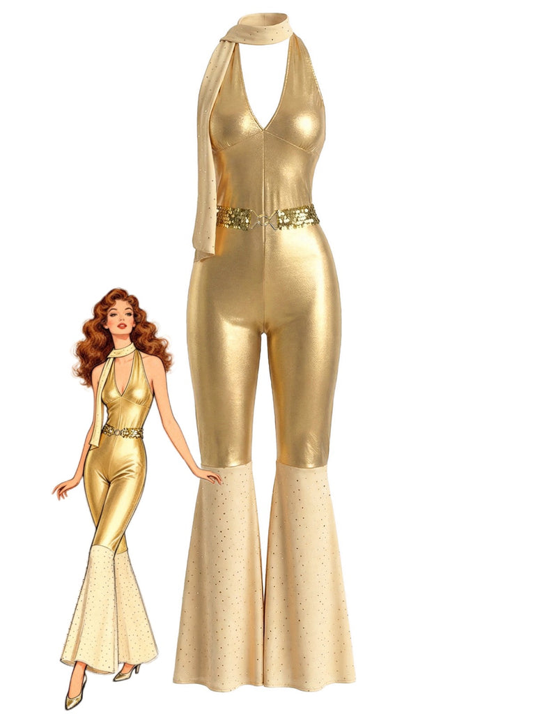 Gold 1970er Disco Pailletten Halter Ausgestellt Jumpsuit
