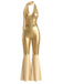 Gold 1970er Disco Pailletten Halter Ausgestellt Jumpsuit