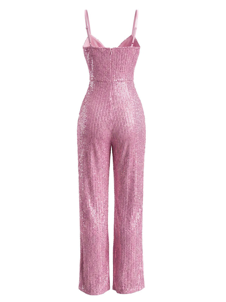 Rosa 1930er V-Ausschnitt Spaghetti Träger Pailletten Jumpsuit