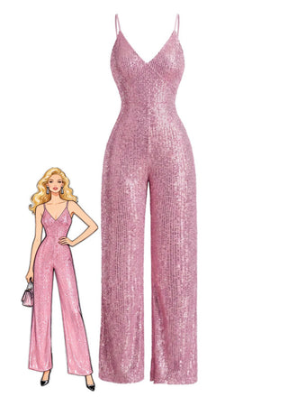 Rosa 1930er V-Ausschnitt Spaghetti Träger Pailletten Jumpsuit