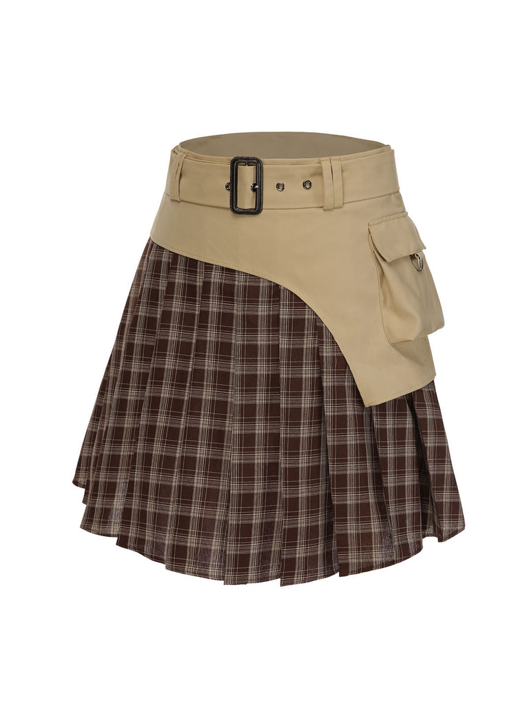 [Vorverkauf] 2PCS Khaki 1960er Plaid Patchwork Jacke & Plissiertes Rock