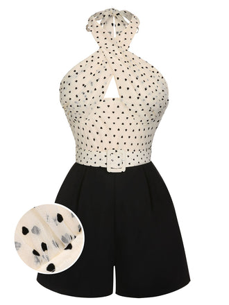 Beige 1950er 3D Herz Halter Patchwork Romper