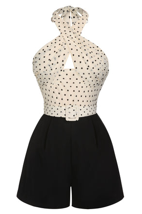 Beige 1950er 3D Herz Halter Patchwork Romper