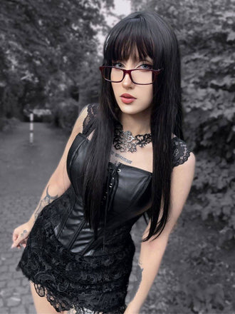 Schwarz Steampunk Leder Gothic Spitze Korsett