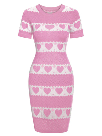 Rosa 1960er kontrastierendes Herz-Strickkleid
