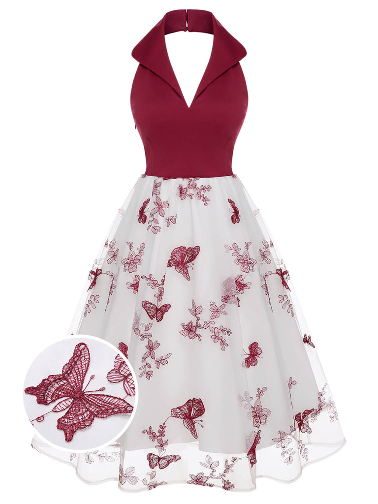 Weinrot 1950er Schmetterling Revers Mesh Kleid