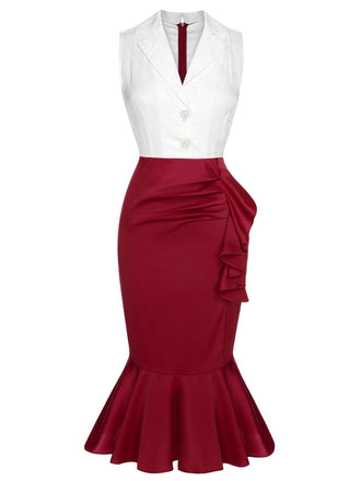[Vorverkauf] Rot & Weiß 1930er Ärmellos Schlitz Fishtail Kleid