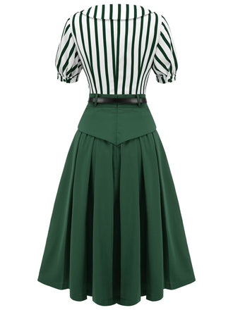2PCS Grün 1950er Gestreifte Bluse & Faltenrock