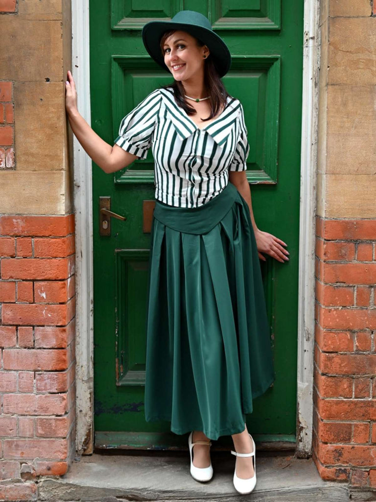 2PCS Grün 1950er Gestreifte Bluse & Faltenrock