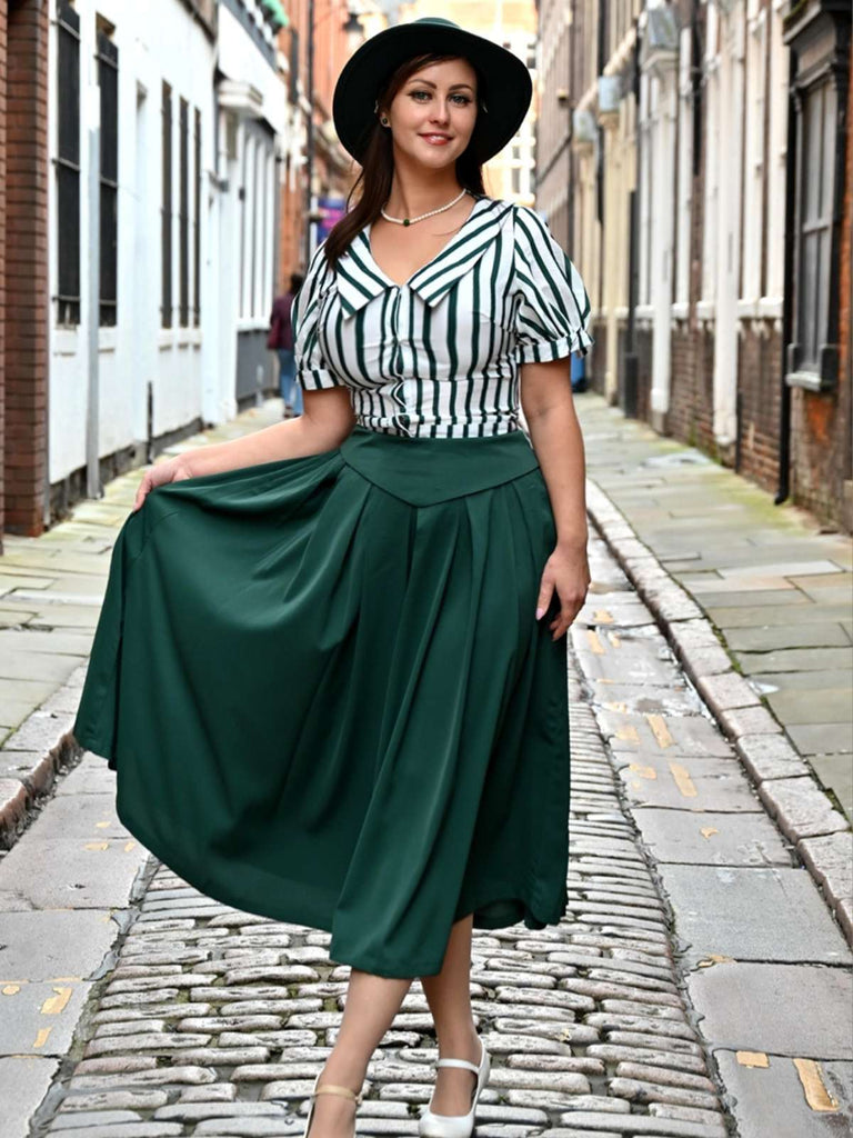 2PCS Grün 1950er Gestreifte Bluse & Faltenrock