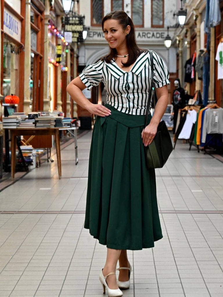 2PCS Grün 1950er Gestreifte Bluse & Faltenrock