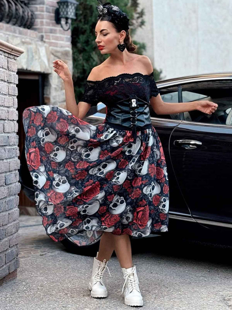 1950er Gothic Skelett Totenkopf Rose Spitze Mesh Kleid
