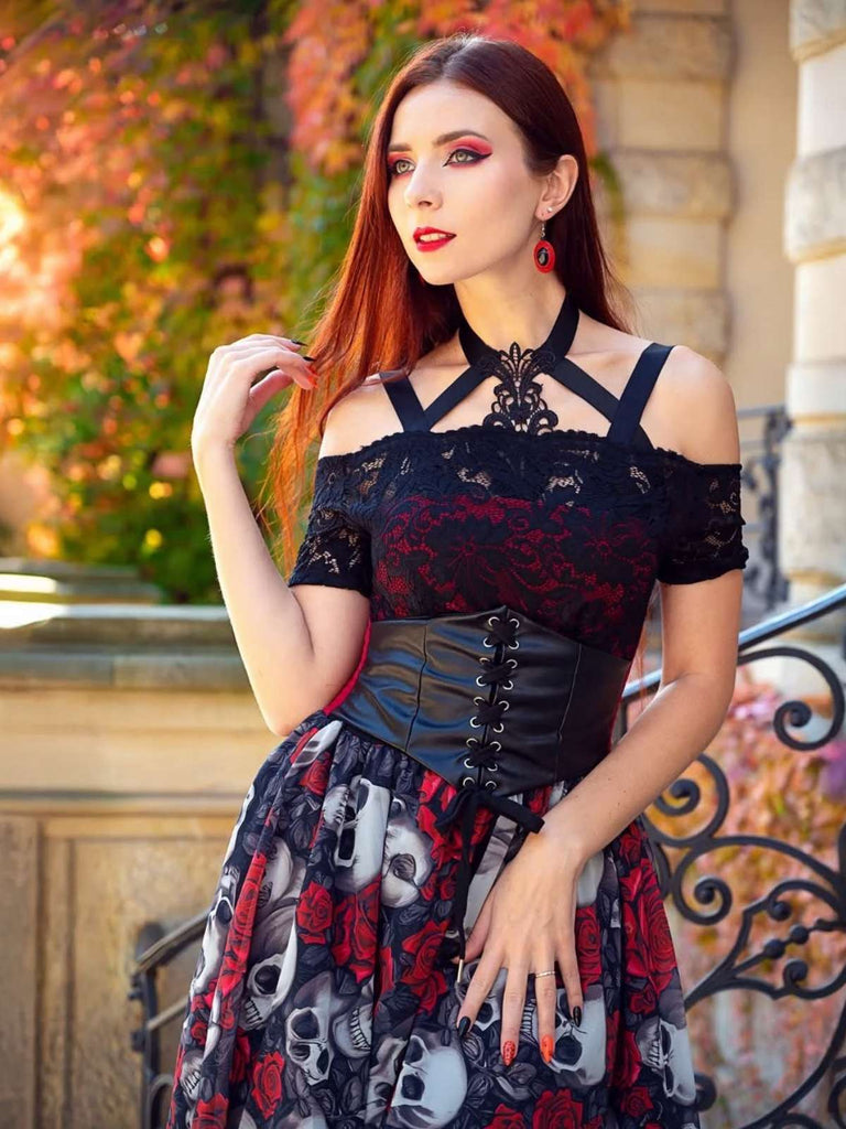 1950er Gothic Skelett Totenkopf Rose Spitze Mesh Kleid
