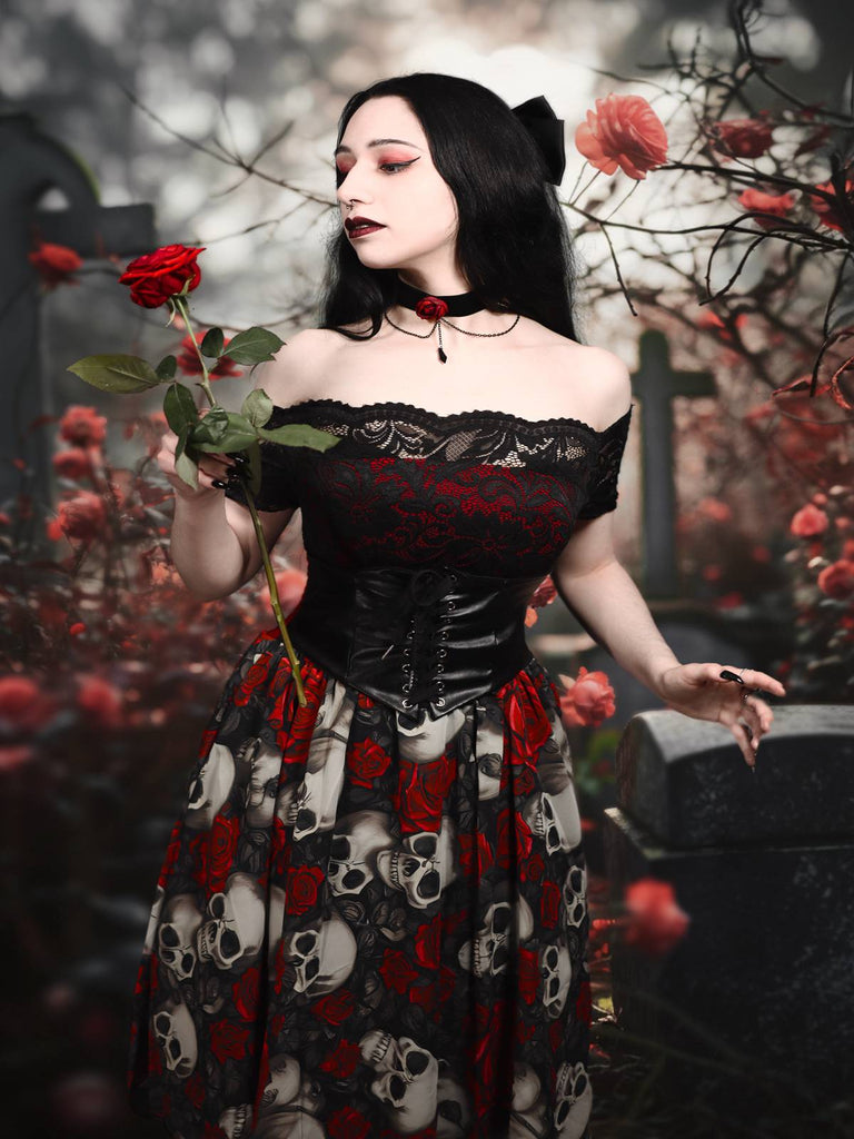 1950er Gothic Skelett Totenkopf Rose Spitze Mesh Kleid