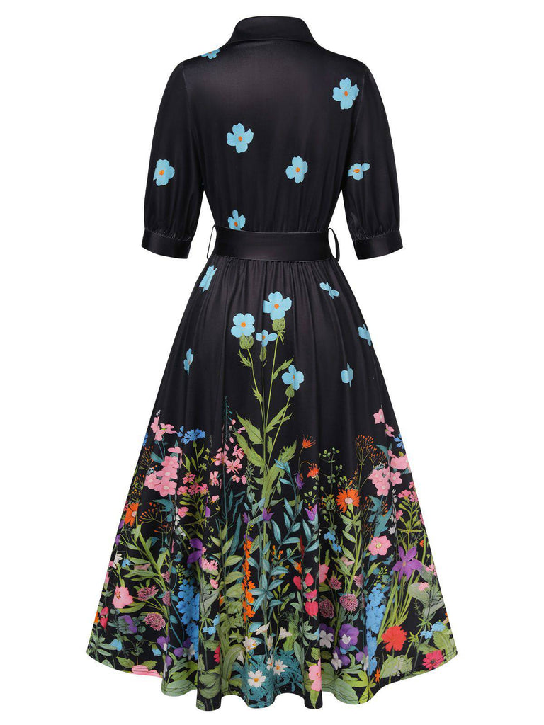 [Vorverkauf] Schwarz 1940er Blumenmuster Hemdkragen mit Gürtel Kleid