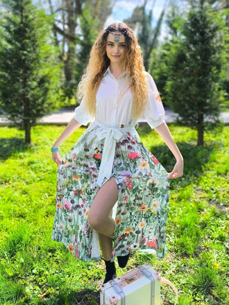 Hellblau 1940er Blumen Hemdkragen Gürtel Kleid