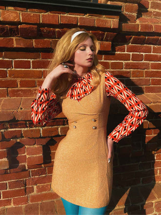 2PCS Orange 1960er Bluse & Tweed Mini Kleid