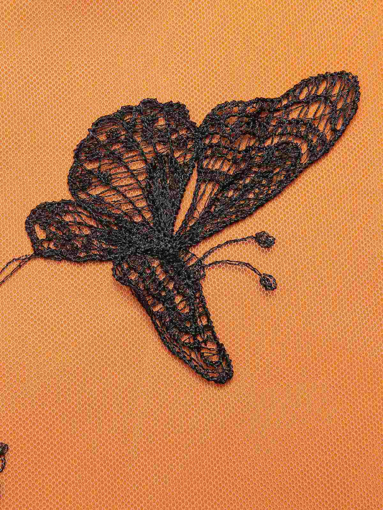 Schwarz & Orange 1950s 3D Schmetterlinge Mantel Kleid