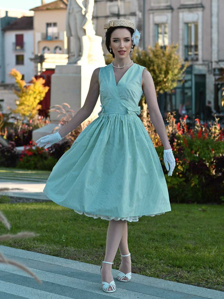 Mintgrün 1950er V-Ausschnitt Gestreiftes Kleid
