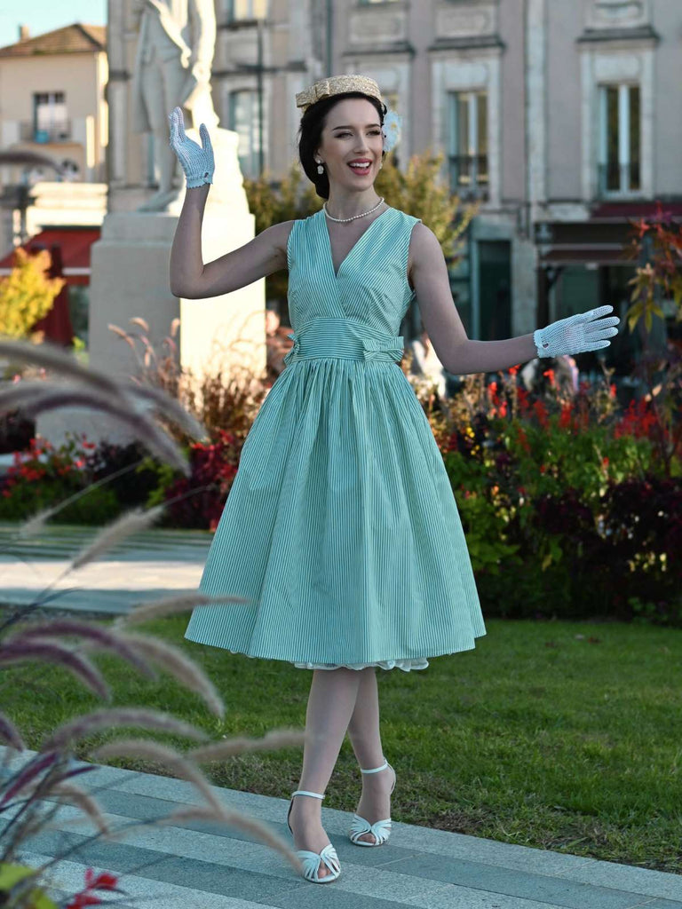 Mintgrün 1950er V-Ausschnitt Gestreiftes Kleid