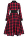 Schwarz-rotes 1950er Gingham-Kariertes Kleid mit Knopfaufschlag