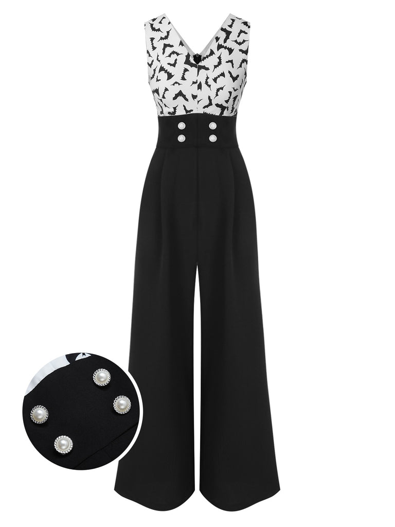 Schwarz 1930er Halloween Fledermaus Patchwork Jumpsuit