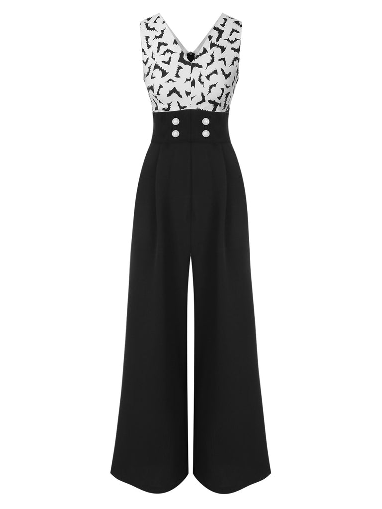 Schwarz 1930er Halloween Fledermaus Patchwork Jumpsuit