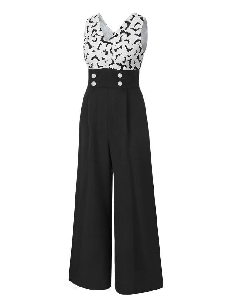 Schwarz 1930er Halloween Fledermaus Patchwork Jumpsuit