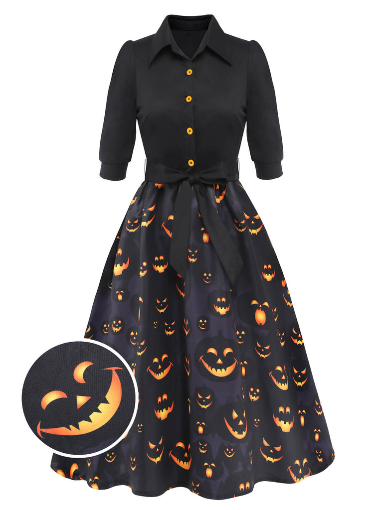 Schwarzes 1940er Halloween Revers Kürbis Gürtelkleid