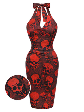 Tiefrot 1960er Halloween Schädel Halter Kleid