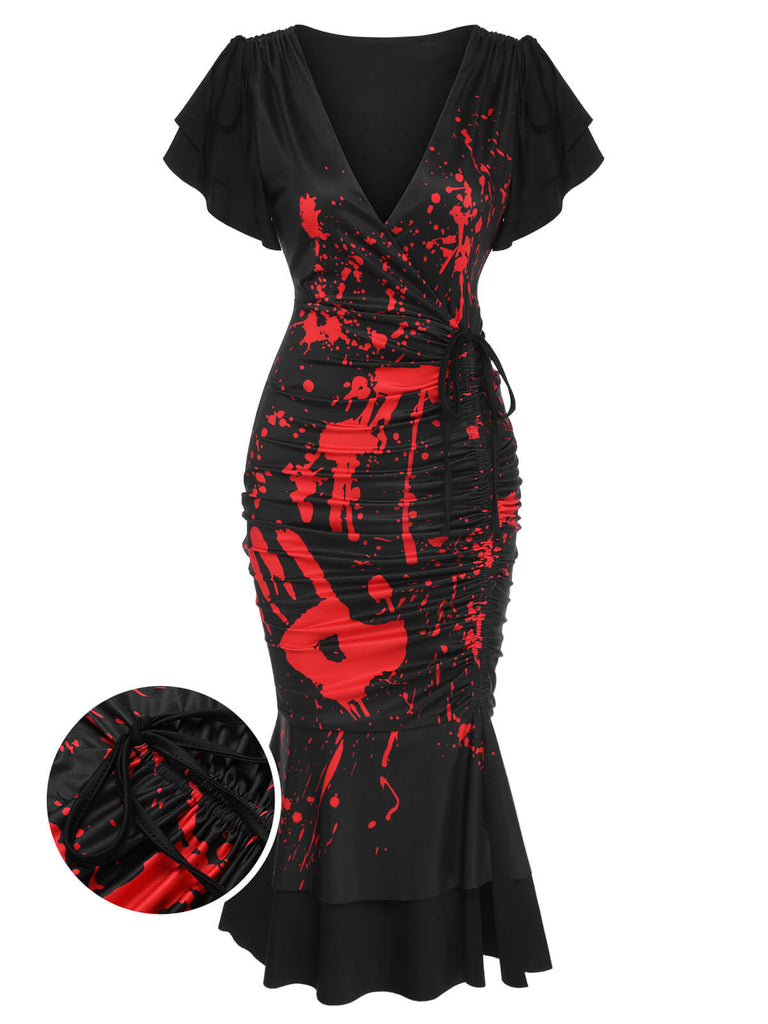 Schwarzes 1930er V-Ausschnitt Blut Handabdruck Fishtail Kleid