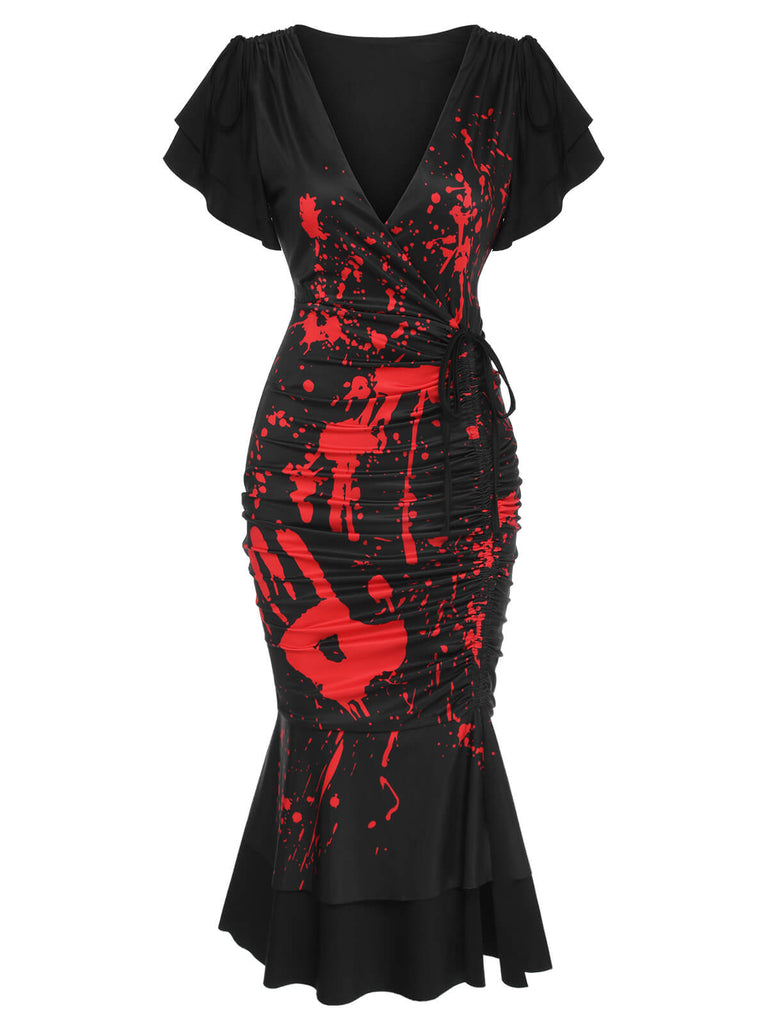 Schwarzes 1930er V-Ausschnitt Blut Handabdruck Fishtail Kleid