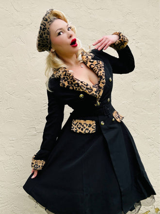 Schwarz 1950er Leopard Revers Tasche Mantel