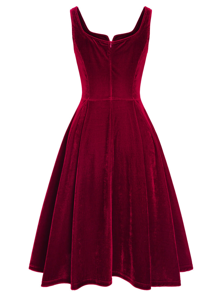 Rotes 1950er Sweetheart Kragen Samt Träger Kleid