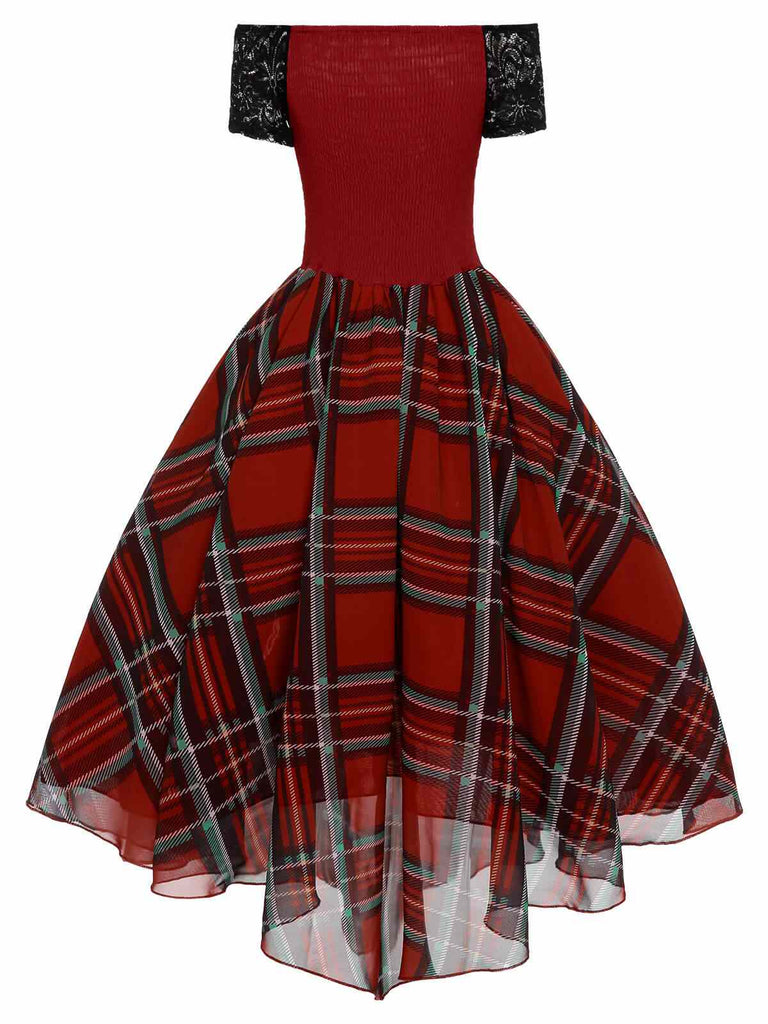 Rotes 1950er Weihnachts-Karo-Miederkleid