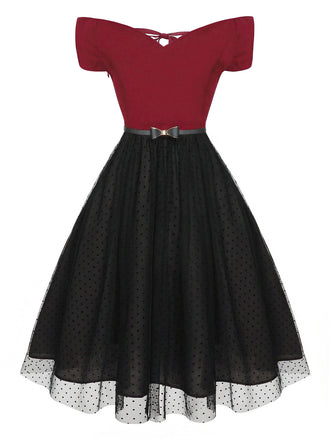 [Vorverkauf] Rot 1950er Gepunktetes Kleid Mit Schultergürtel