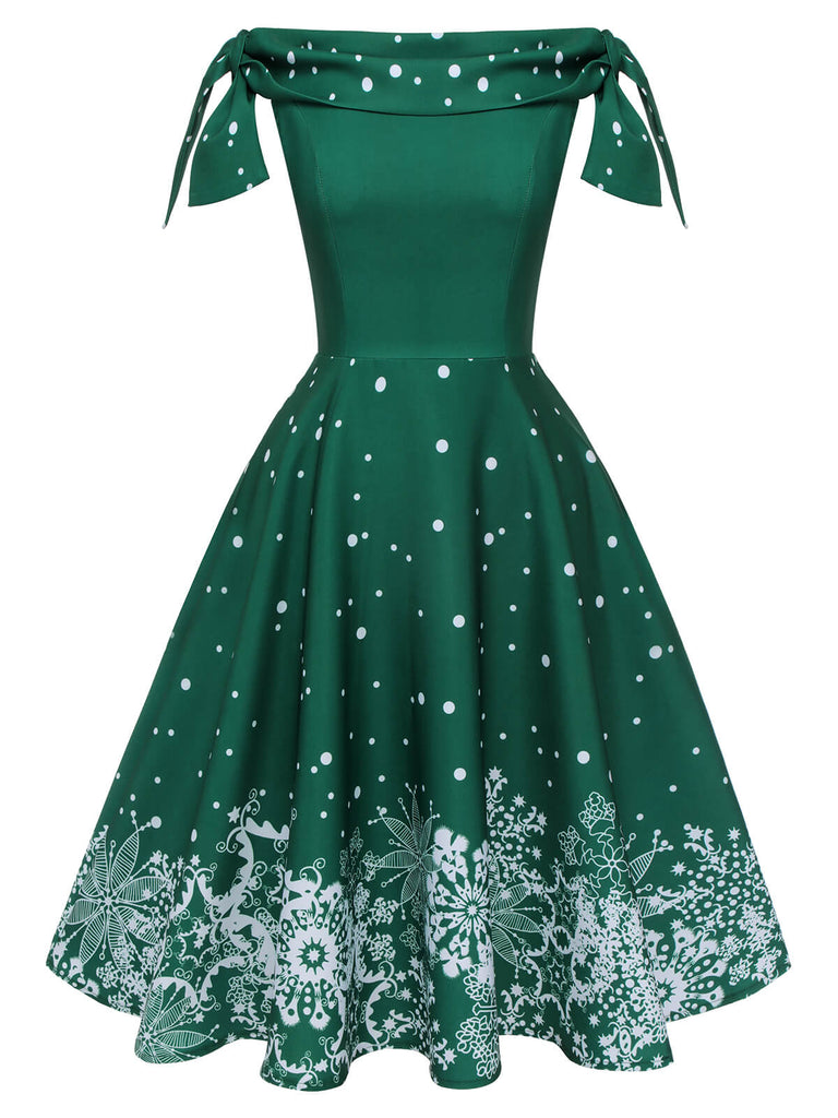 Grünes 1950er Weihnachten Schneeflocke Off-Shoulder Kleid