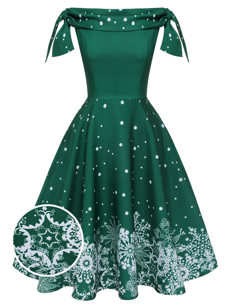 Schwarz 1950er Weihnachten Schneeflocke Off-Shoulder Kleid