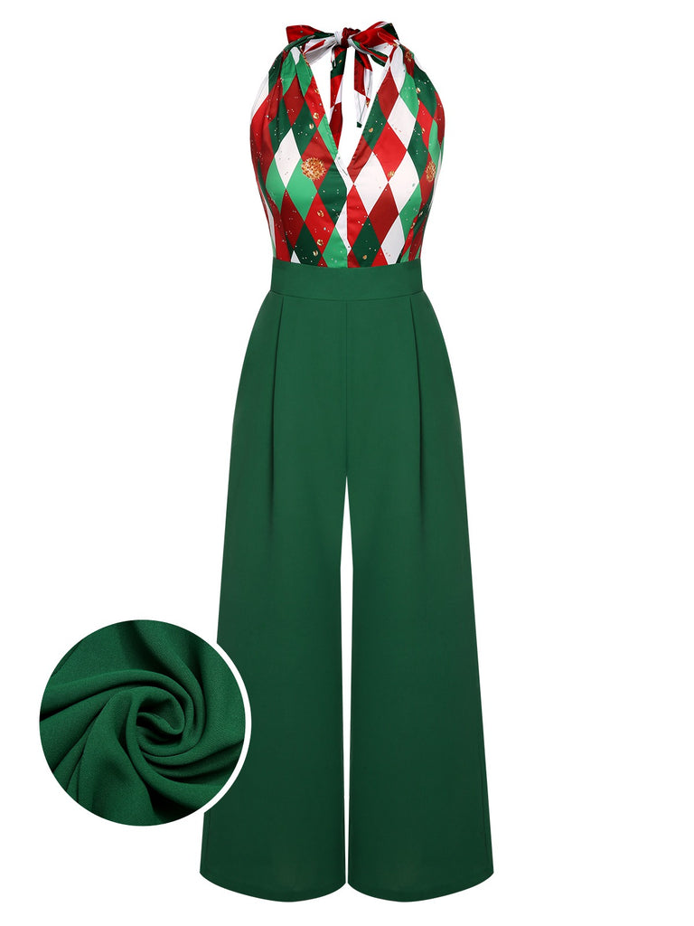 Grün 1930er Weihnachten Plaid Spitze Patchwork Jumpsuit